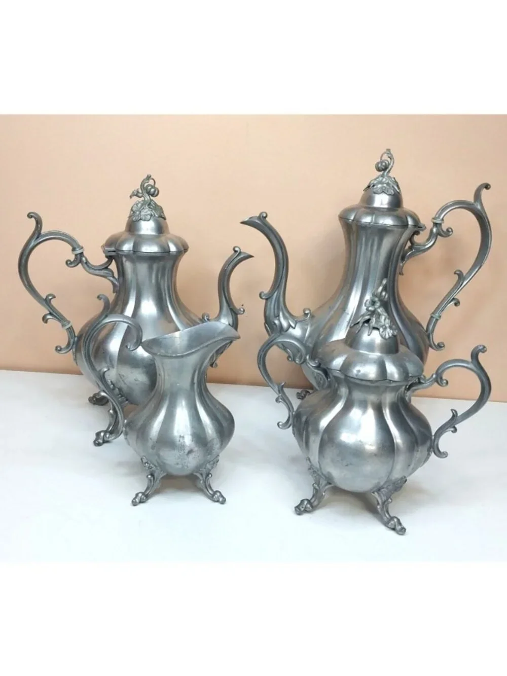 Reed & Barton Winthrop Pewter Tea Coffee Set 4-Piece Pumpkin Finials Mid Century